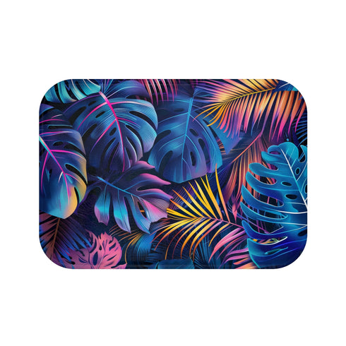 Neon oasis bath mat with vibrant tropical leaves and palm trees.
