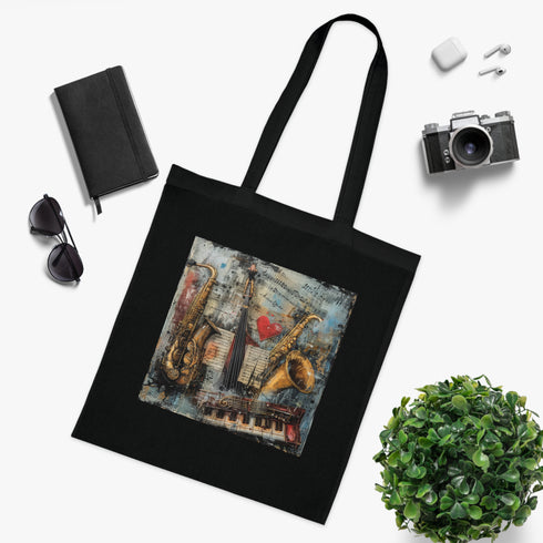 Music Lover's Tote Bag in Black Cotton with Musical Notes Pattern