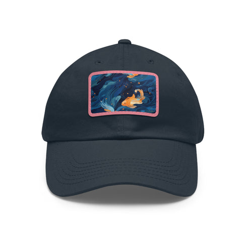 Bright orange Koi baseball cap with goldfish patch and white rectangle.