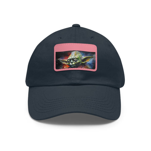 Neon watercolor cap with Yoda design on white hat.