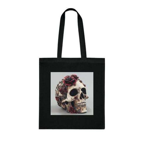 Gothic skull and rose design black cotton tote bag.