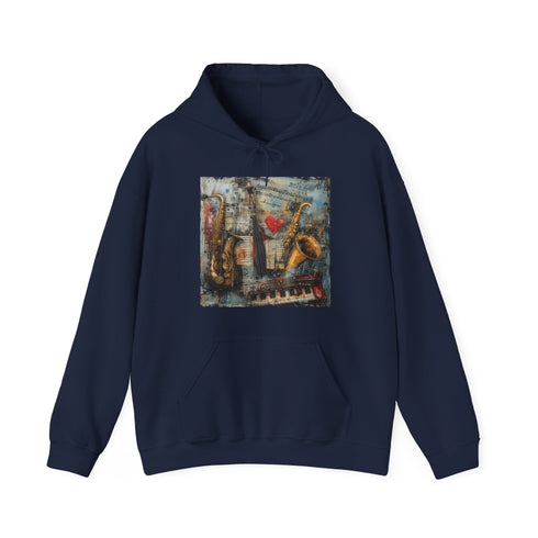 Wild Symphony Navy Hoodie with Nature Music Pattern for Men and Women