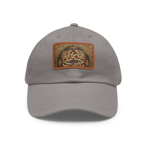 Celtic Knot baseball cap in white with light brown patch.