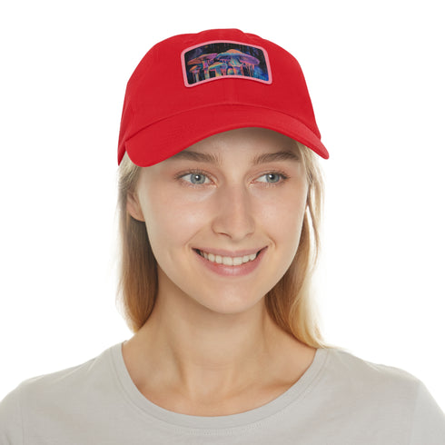 White Cotton Trucker Hat with Light Brown Mushroom Patch and Rectangle Shape