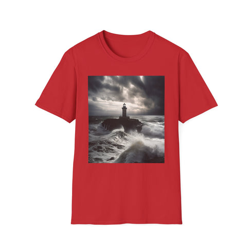 Charcoal cotton T-shirt featuring lighthouse and waves graphic for resilient summer wear