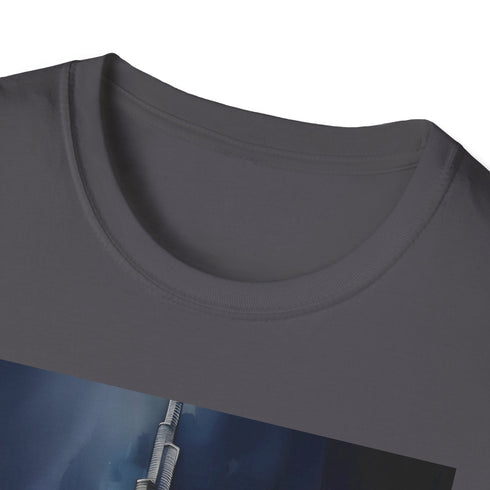 Charcoal cotton T-shirt with watercolor Dubai skyline graphic and crew neck