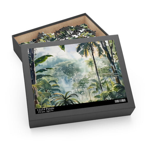 Lush green rainforest watercolor puzzle with exotic wildlife and intricate details.