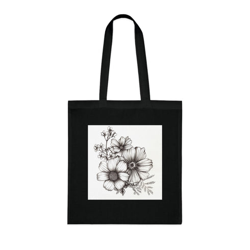 Floral Sketchbook Tote Bag in Black Cotton with Whimsical Flowers