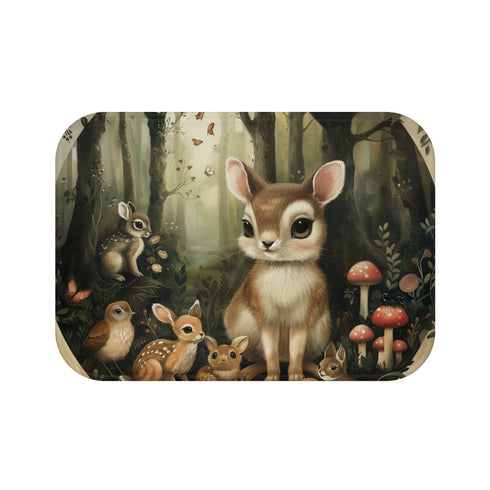 Whimsical woodland creatures bath mat for a charming bathroom ambiance.