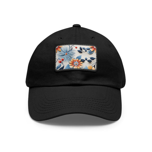 Floral patterned white baseball cap with light brown patch.