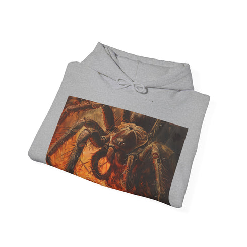 Vibrant navy tarantula graphic hoodie for men and women, size small.