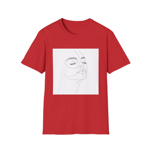 Minimalist charcoal face art t-shirt, soft cotton, elegant line design.