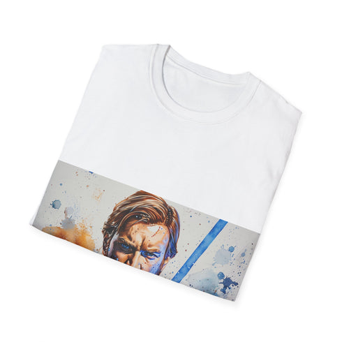 Blue lightsaber tee featuring Obi Wan Kenobi for Star Wars fans.