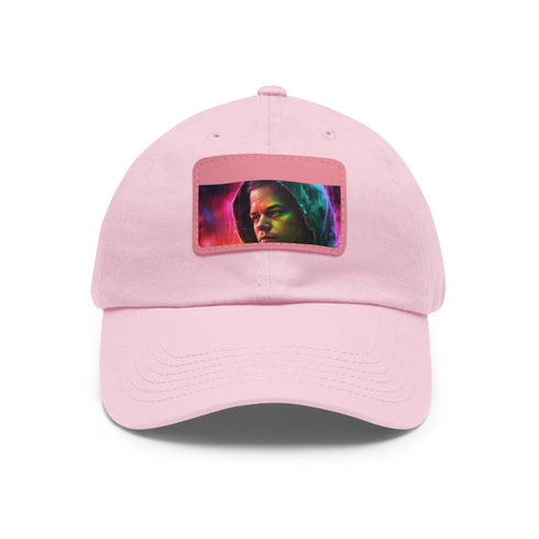 Neon watercolor dreams baseball cap with light brown patch on front.
