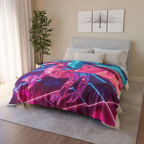 Origami Dragon over a Neon Grid Plush Fleece Throw Blanket