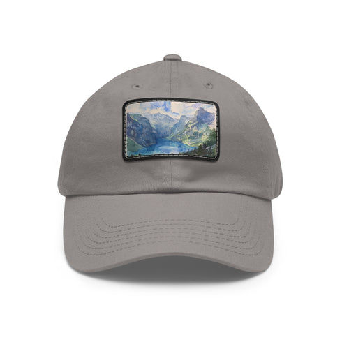 Swiss Alps watercolor baseball cap with unique design and vibrant colors.
