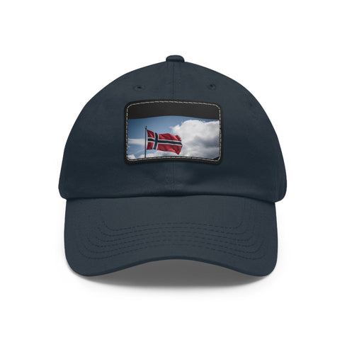 Stylish white baseball cap with red, white, blue Norwegian flag patch.