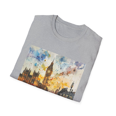 Charcoal crew neck t-shirt with watercolor Big Ben design in soft hues