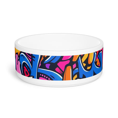 Neon graffiti pet bowl with urban chic design for cats and dogs.