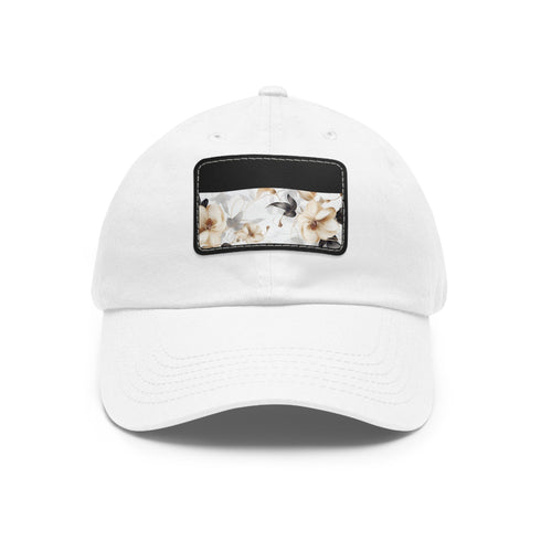 White cotton baseball hat with botanical xray design and light brown patch.