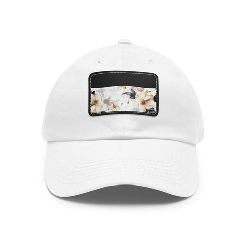 Botanical XRay patterned white cotton baseball cap with light brown rectangle patch.