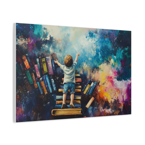 A Curious Child Reaching for the Stars with Books Stretched Canvas Wall Art