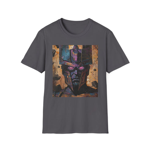 Charcoal crew neck T-shirt featuring vibrant cosmic Galactus portrait in soft cotton