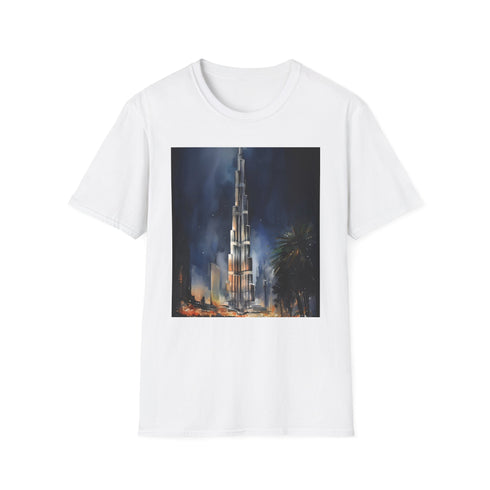 Charcoal cotton t-shirt with watercolor Dubai skyline design and crew neck