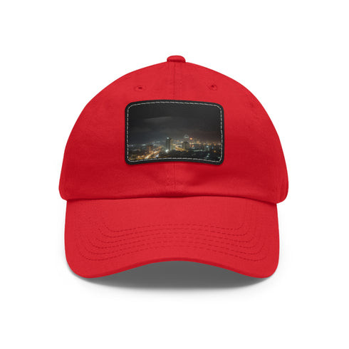 Nighttime Lagos city skyline baseball cap in white with light brown patch.