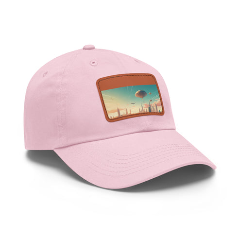 Urban skyline white cotton hat with futuristic flying city design.