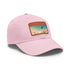 Urban skyline white cotton hat with futuristic flying city design.