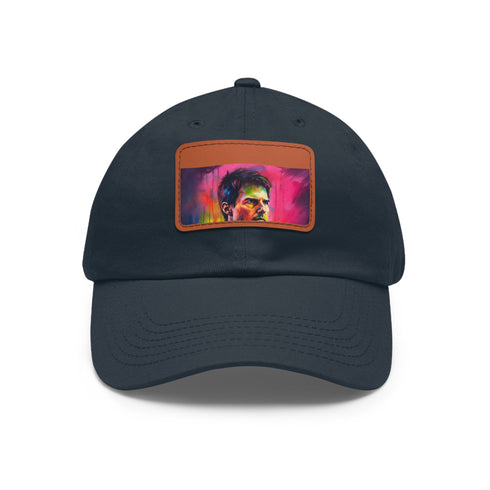 Neon watercolor baseball cap with light brown patch and rectangle shape.