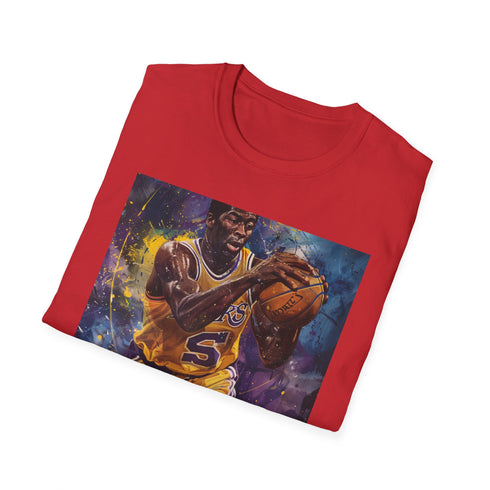 Magic Johnson portrait on charcoal cotton tee.