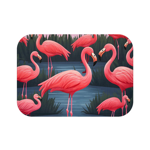 Vibrant pink flamingo bath mat for tropical bathroom decor.