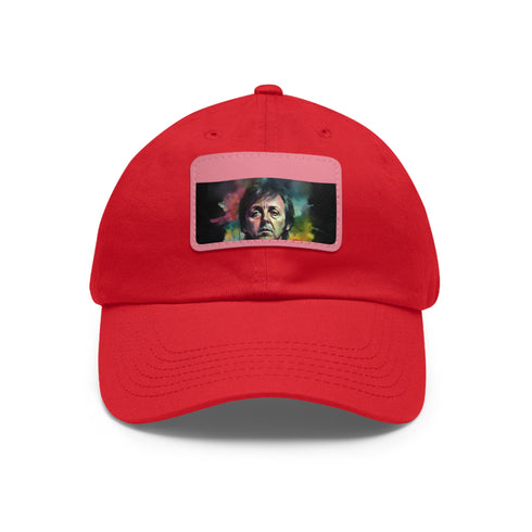Neon watercolor Paul McCartney baseball cap in white with light brown patch.
