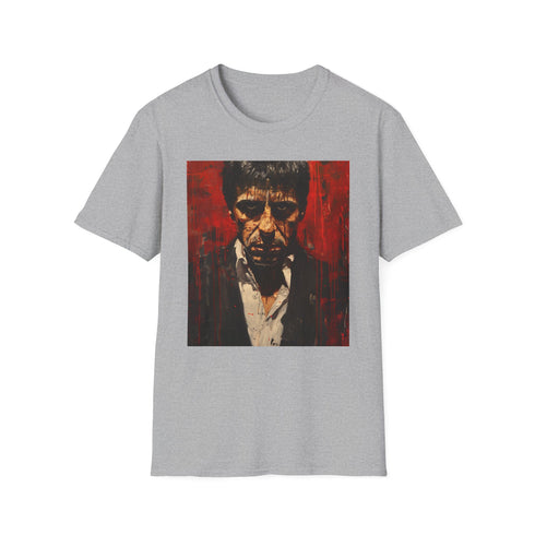 Charcoal Scarface portrait tee with vibrant colors captures Tony Montana's legacy.