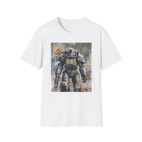 Charcoal cotton t-shirt with watercolor-style Fallout Power Armor illustration