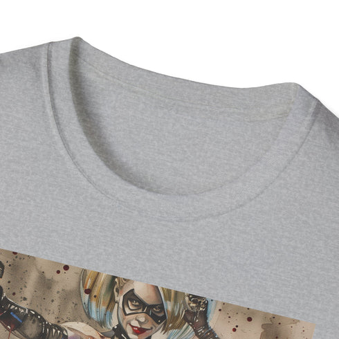Harley Quinn graphic t-shirt in charcoal for men and women.
