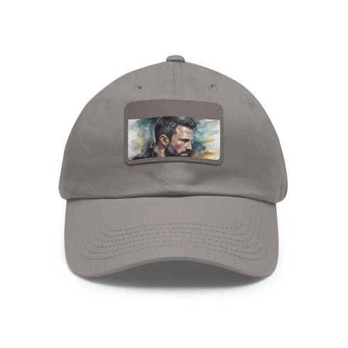Batman watercolor baseball cap in white with light brown patch.