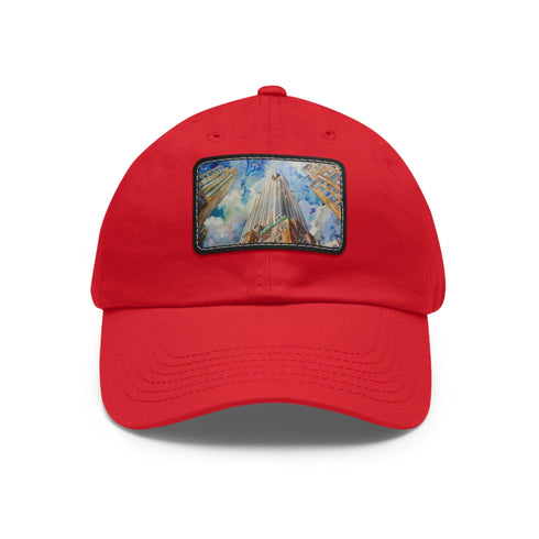 White Chrysler Skyline Watercolor Cap with Light Brown Patch, Rectangle Shape.