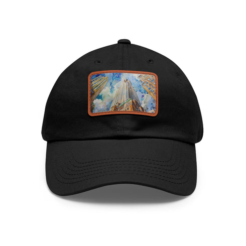 White cotton hat with Chrysler Building watercolor design.