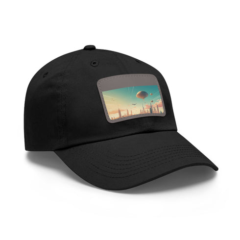 White cotton baseball cap with urban skyline design.