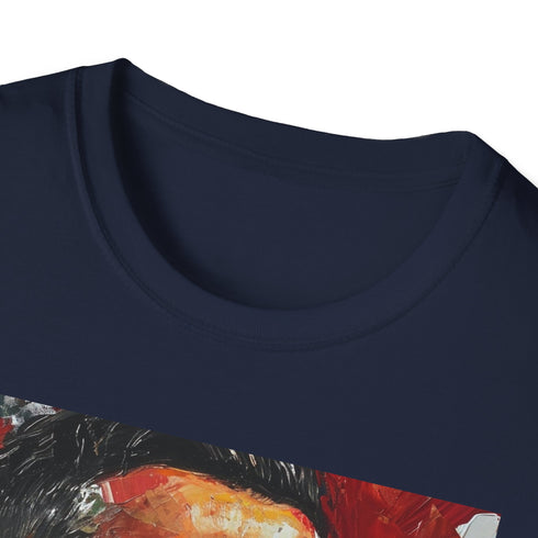 Charcoal cotton T-shirt with dynamic watercolor pattern of athletic excellence