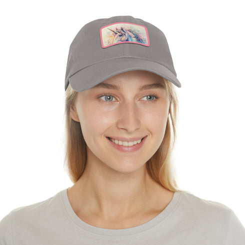 Mystical watercolor unicorn cotton hat with light brown patch.