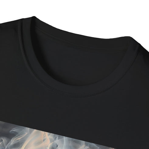 Abstract charcoal smoke art t-shirt in size S for all genders.