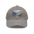 Swiss Alps watercolor baseball cap with light brown rectangle patch.