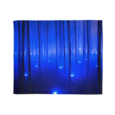 Cyber Forest with Bioluminescent Fog — Plush Fleece Throw Blanket — Draped Over Sofa & Bed Lifestyle View