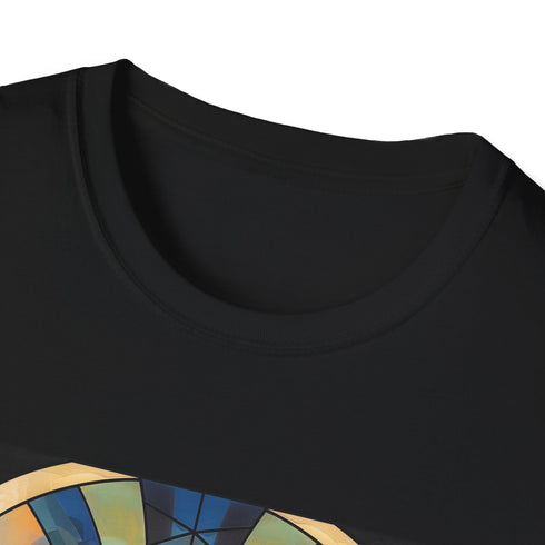 Charcoal cotton crew neck T-shirt with bold art deco geometric patterns