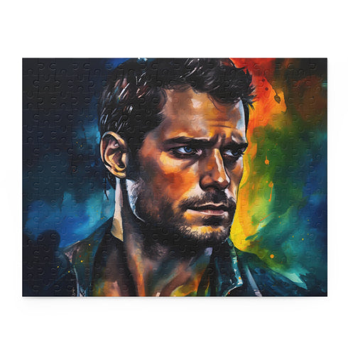 Henry Cavill watercolor puzzle featuring vibrant neon colors and iconic actor.