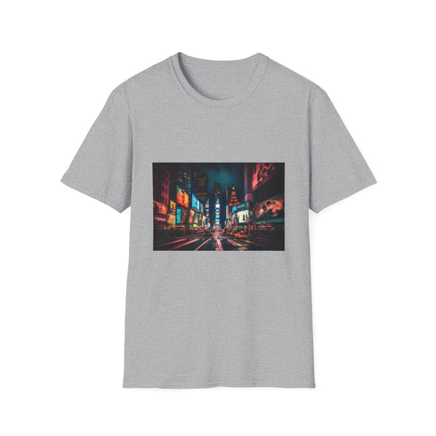 Charcoal cotton crew neck T-shirt featuring vibrant city night scene design